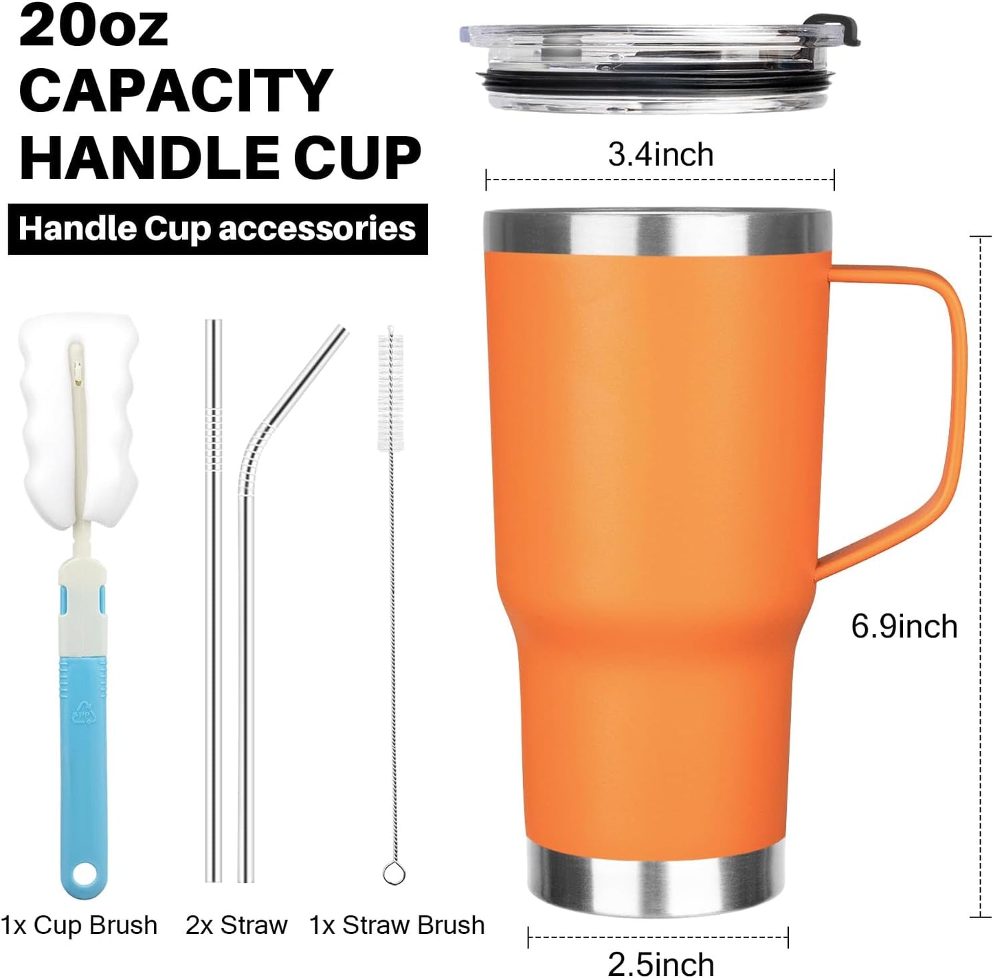 20 oz Tumbler with Handle, Stainless Steel Insulated Tumbler with Lid and Straw, Double Wall Vacuum Coffee Mug Tumbler, Insulated Coffee Thermal Cup for Cold and Hot (Black)