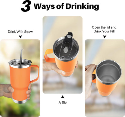 20 oz Tumbler with Handle, Stainless Steel Insulated Tumbler with Lid and Straw, Double Wall Vacuum Coffee Mug Tumbler, Insulated Coffee Thermal Cup for Cold and Hot (Black)