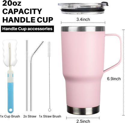 20 oz Tumbler with Handle, Stainless Steel Insulated Tumbler with Lid and Straw, Double Wall Vacuum Coffee Mug Tumbler, Insulated Coffee Thermal Cup for Cold and Hot (Black)