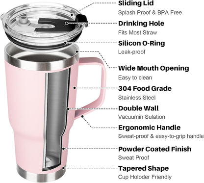 20 oz Tumbler with Handle, Stainless Steel Insulated Tumbler with Lid and Straw, Double Wall Vacuum Coffee Mug Tumbler, Insulated Coffee Thermal Cup for Cold and Hot (Black)