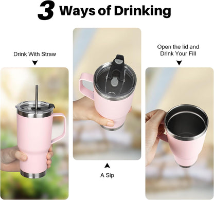 20 oz Tumbler with Handle, Stainless Steel Insulated Tumbler with Lid and Straw, Double Wall Vacuum Coffee Mug Tumbler, Insulated Coffee Thermal Cup for Cold and Hot (Black)