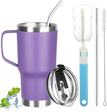20 oz Tumbler with Handle, Stainless Steel Insulated Tumbler with Lid and Straw, Double Wall Vacuum Coffee Mug Tumbler, Insulated Coffee Thermal Cup for Cold and Hot (Black)