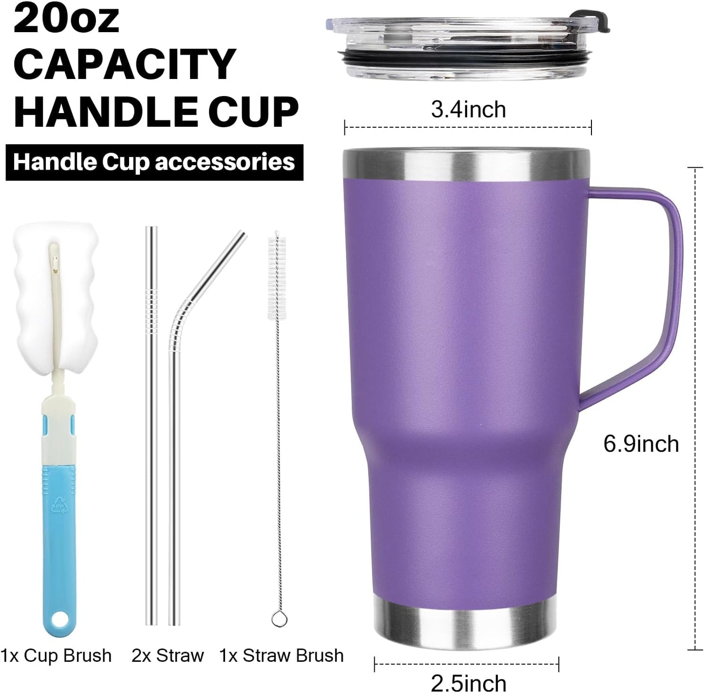 20 oz Tumbler with Handle, Stainless Steel Insulated Tumbler with Lid and Straw, Double Wall Vacuum Coffee Mug Tumbler, Insulated Coffee Thermal Cup for Cold and Hot (Black)