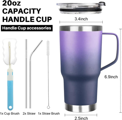 20 oz Tumbler with Handle, Stainless Steel Insulated Tumbler with Lid and Straw, Double Wall Vacuum Coffee Mug Tumbler, Insulated Coffee Thermal Cup for Cold and Hot (Black)