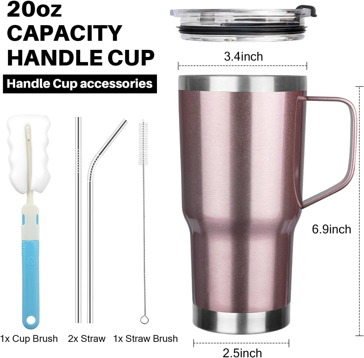 20 oz Tumbler with Handle, Stainless Steel Insulated Tumbler with Lid and Straw, Double Wall Vacuum Coffee Mug Tumbler, Insulated Coffee Thermal Cup for Cold and Hot (Black)