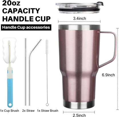 20 oz Tumbler with Handle, Stainless Steel Insulated Tumbler with Lid and Straw, Double Wall Vacuum Coffee Mug Tumbler, Insulated Coffee Thermal Cup for Cold and Hot (Black)