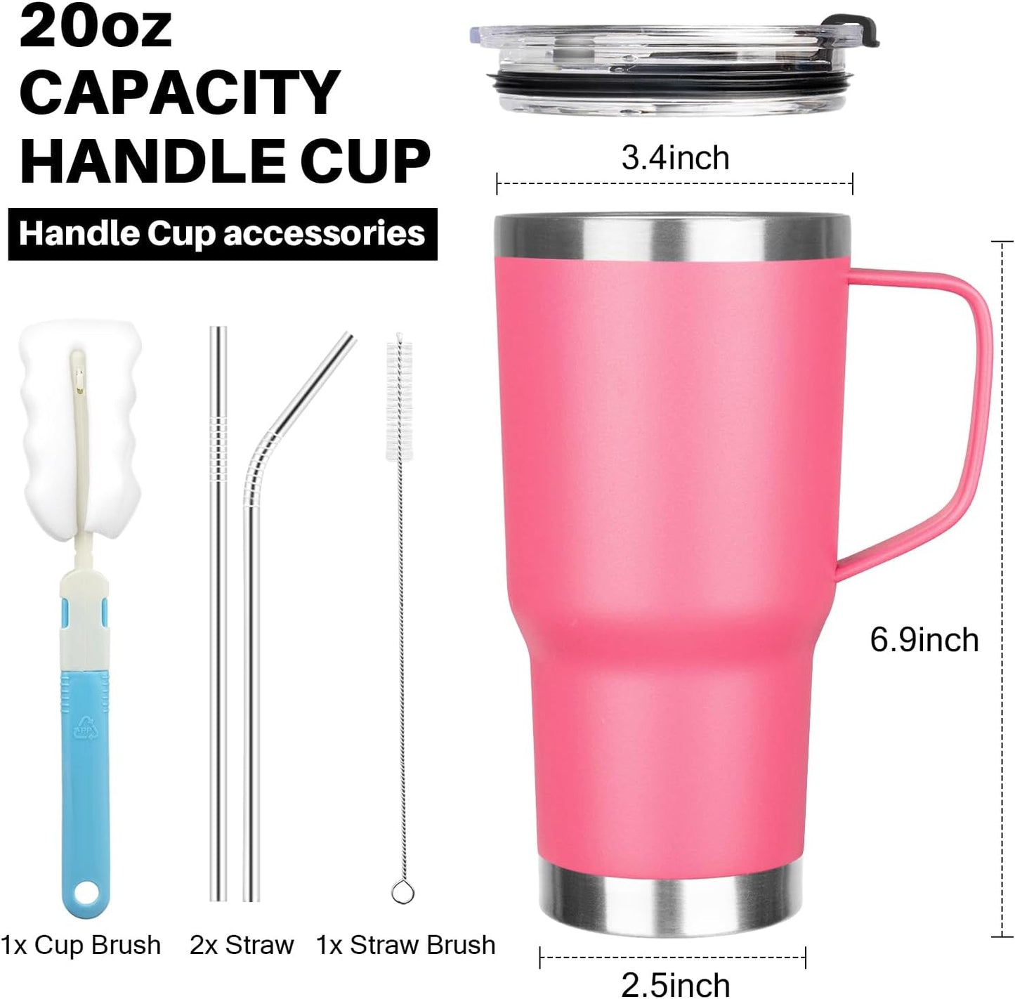 20 oz Tumbler with Handle, Stainless Steel Insulated Tumbler with Lid and Straw, Double Wall Vacuum Coffee Mug Tumbler, Insulated Coffee Thermal Cup for Cold and Hot (Black)