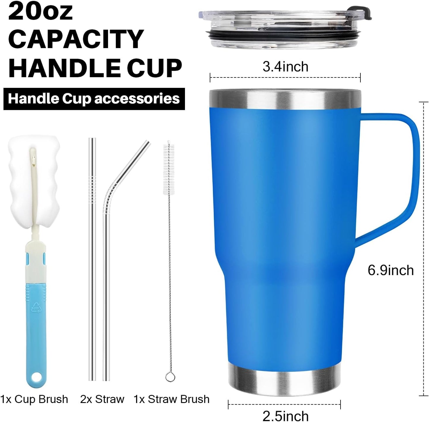 20 oz Tumbler with Handle, Stainless Steel Insulated Tumbler with Lid and Straw, Double Wall Vacuum Coffee Mug Tumbler, Insulated Coffee Thermal Cup for Cold and Hot (Black)