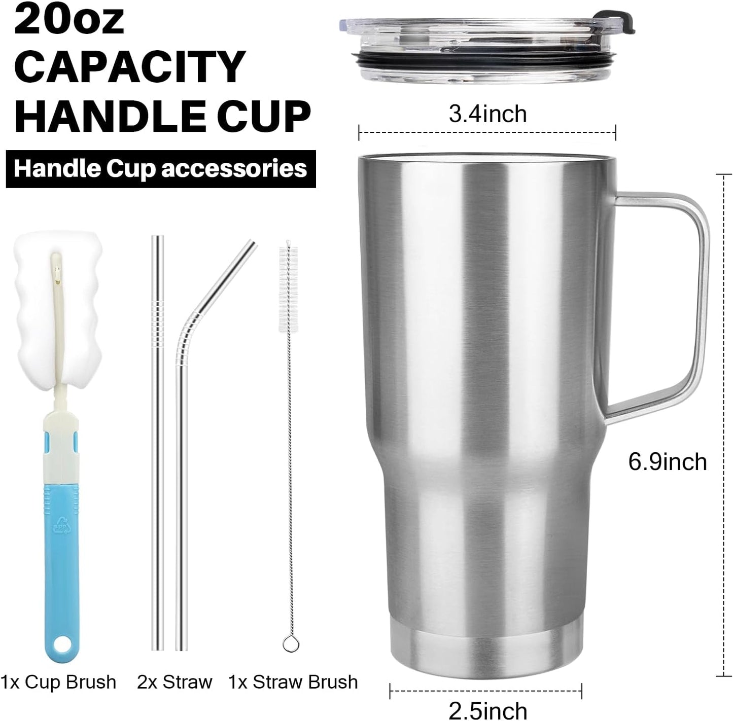 20 oz Tumbler with Handle, Stainless Steel Insulated Tumbler with Lid and Straw, Double Wall Vacuum Coffee Mug Tumbler, Insulated Coffee Thermal Cup for Cold and Hot (Black)