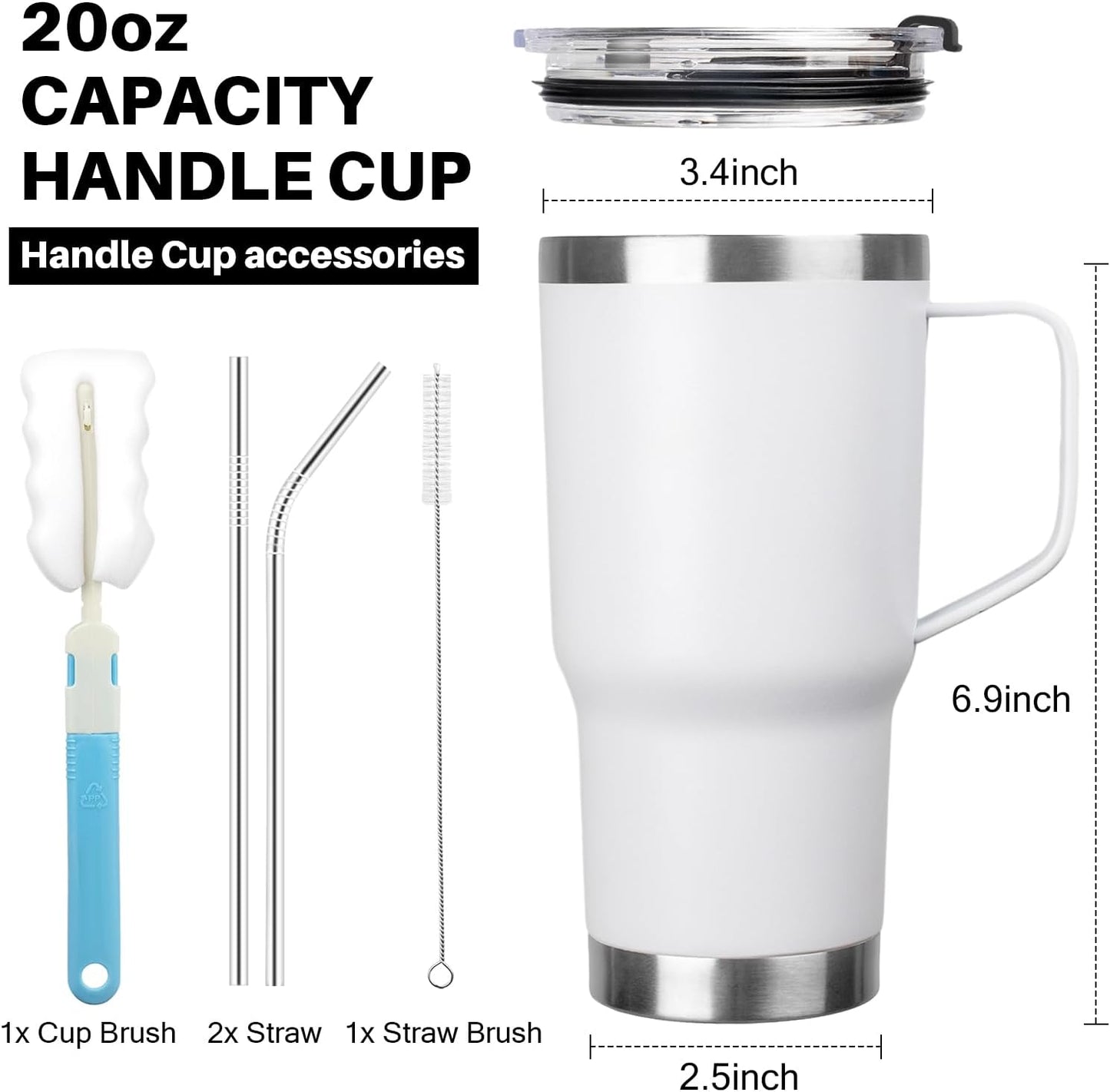 20 oz Tumbler with Handle, Stainless Steel Insulated Tumbler with Lid and Straw, Double Wall Vacuum Coffee Mug Tumbler, Insulated Coffee Thermal Cup for Cold and Hot (Black)