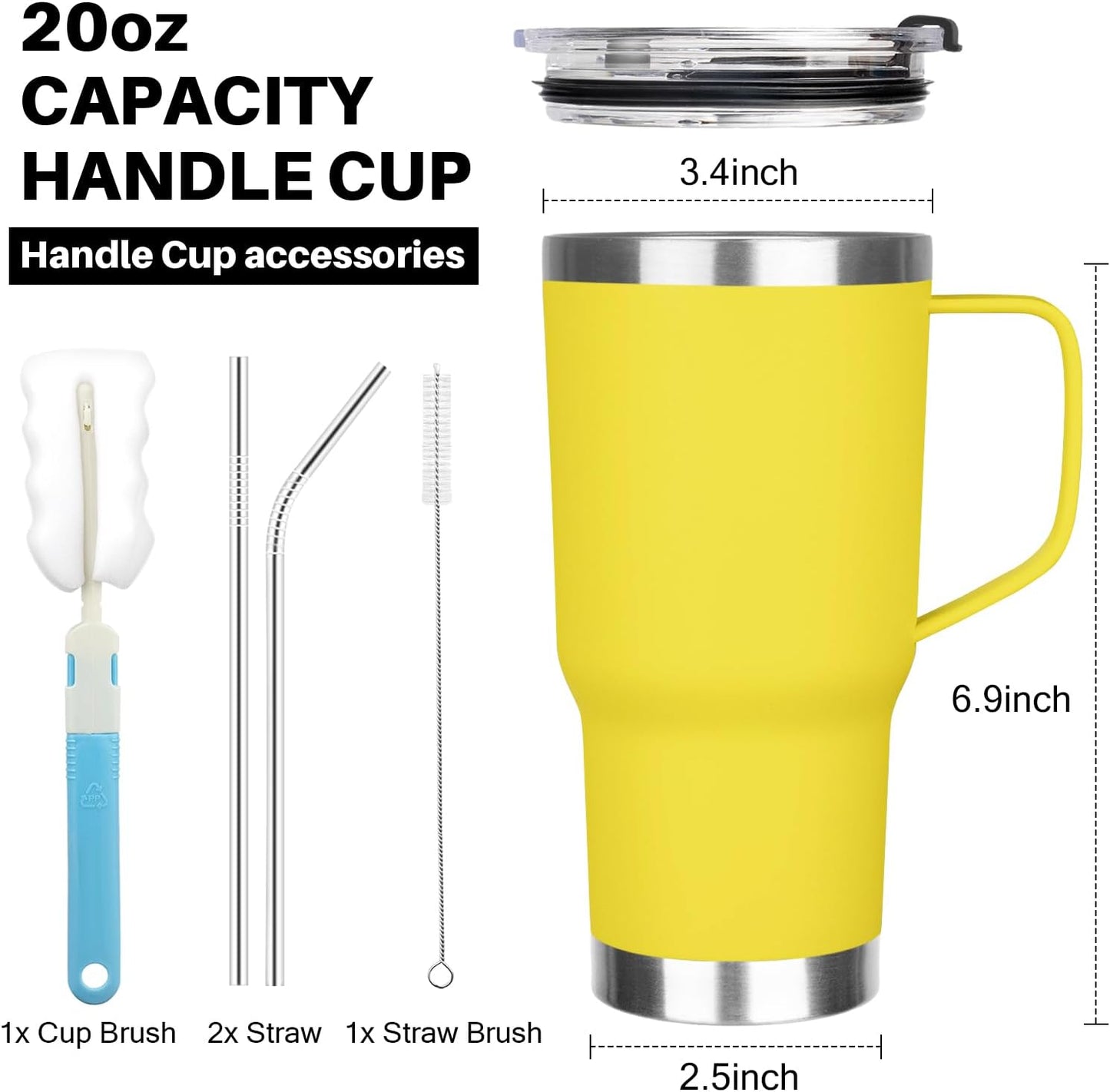 20 oz Tumbler with Handle, Stainless Steel Insulated Tumbler with Lid and Straw, Double Wall Vacuum Coffee Mug Tumbler, Insulated Coffee Thermal Cup for Cold and Hot (Black)
