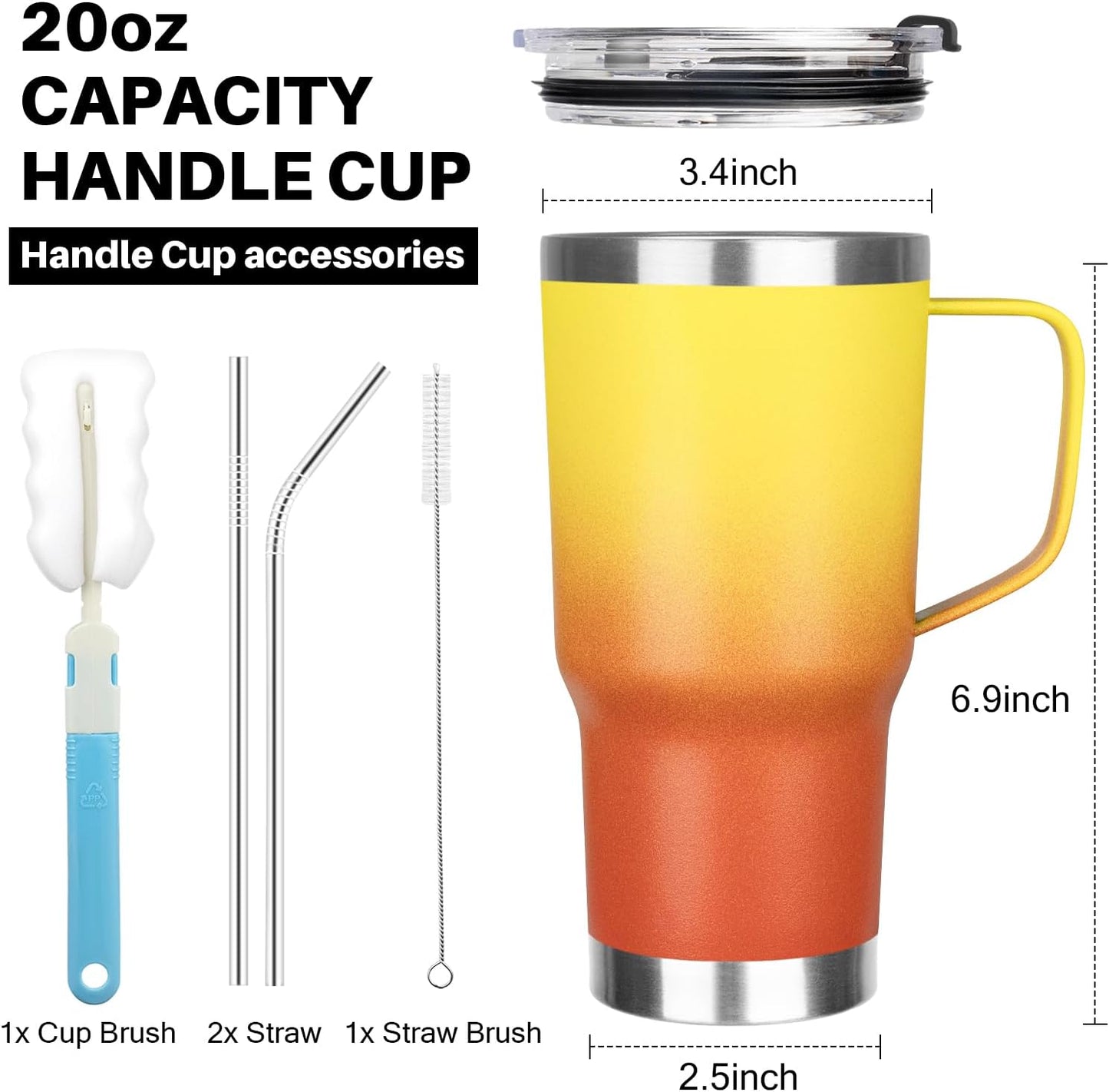 20 oz Tumbler with Handle, Stainless Steel Insulated Tumbler with Lid and Straw, Double Wall Vacuum Coffee Mug Tumbler, Insulated Coffee Thermal Cup for Cold and Hot (Black)
