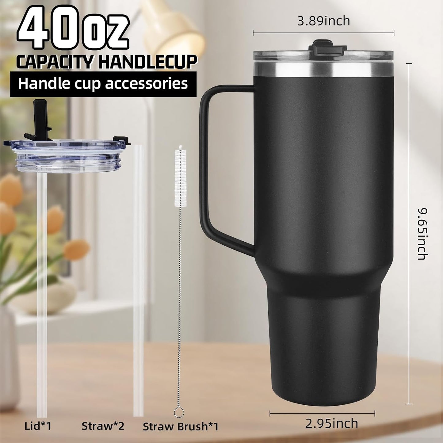 20 oz Tumbler with Handle, Stainless Steel Insulated Tumbler with Lid and Straw, Double Wall Vacuum Coffee Mug Tumbler, Insulated Coffee Thermal Cup for Cold and Hot (Black)