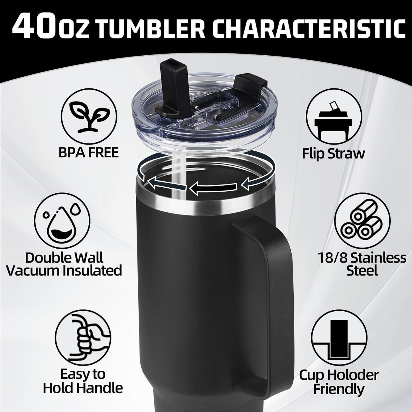 20 oz Tumbler with Handle, Stainless Steel Insulated Tumbler with Lid and Straw, Double Wall Vacuum Coffee Mug Tumbler, Insulated Coffee Thermal Cup for Cold and Hot (Black)
