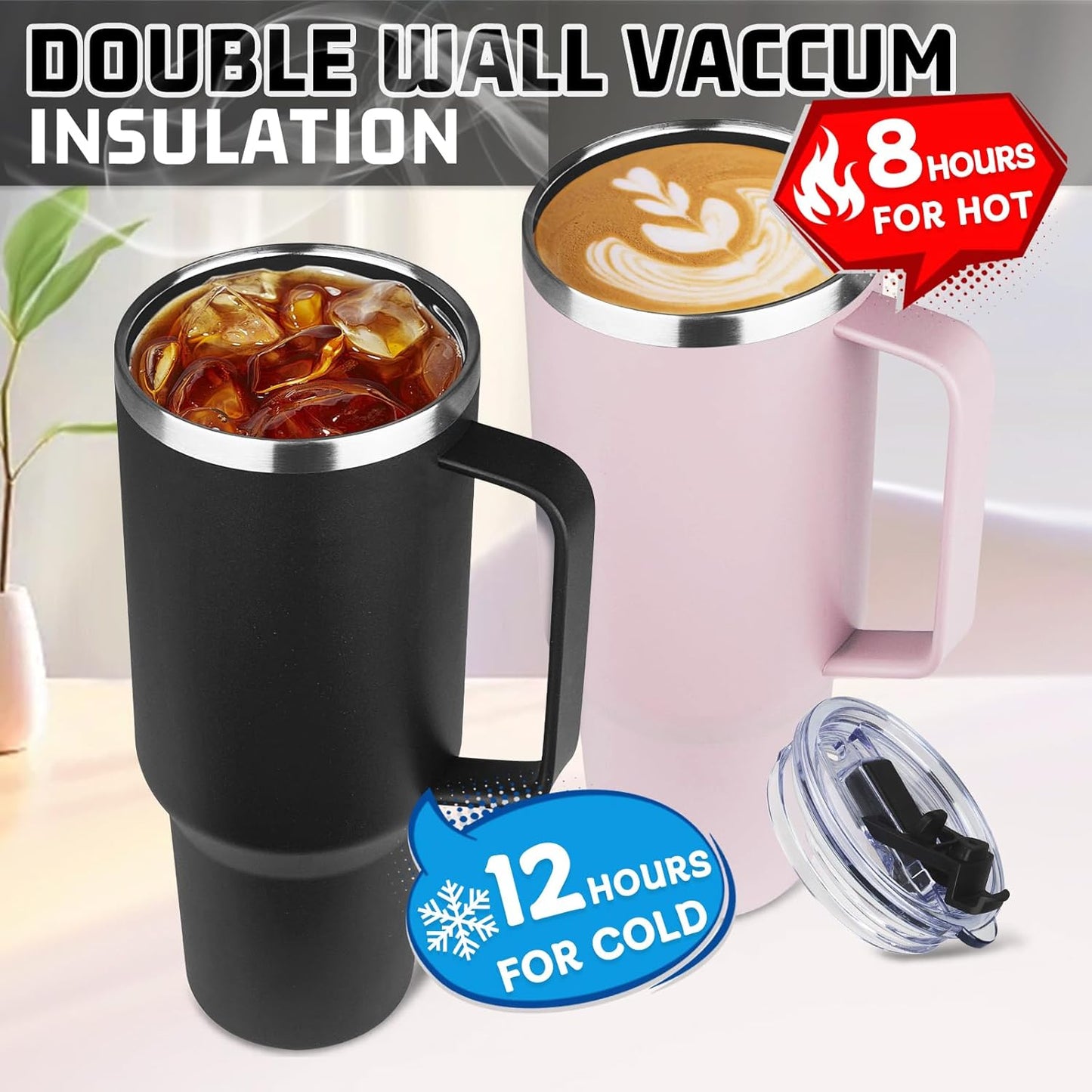 20 oz Tumbler with Handle, Stainless Steel Insulated Tumbler with Lid and Straw, Double Wall Vacuum Coffee Mug Tumbler, Insulated Coffee Thermal Cup for Cold and Hot (Black)