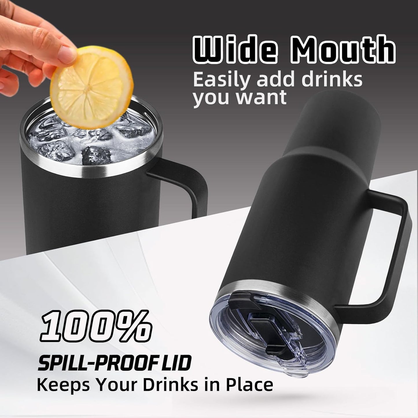 20 oz Tumbler with Handle, Stainless Steel Insulated Tumbler with Lid and Straw, Double Wall Vacuum Coffee Mug Tumbler, Insulated Coffee Thermal Cup for Cold and Hot (Black)
