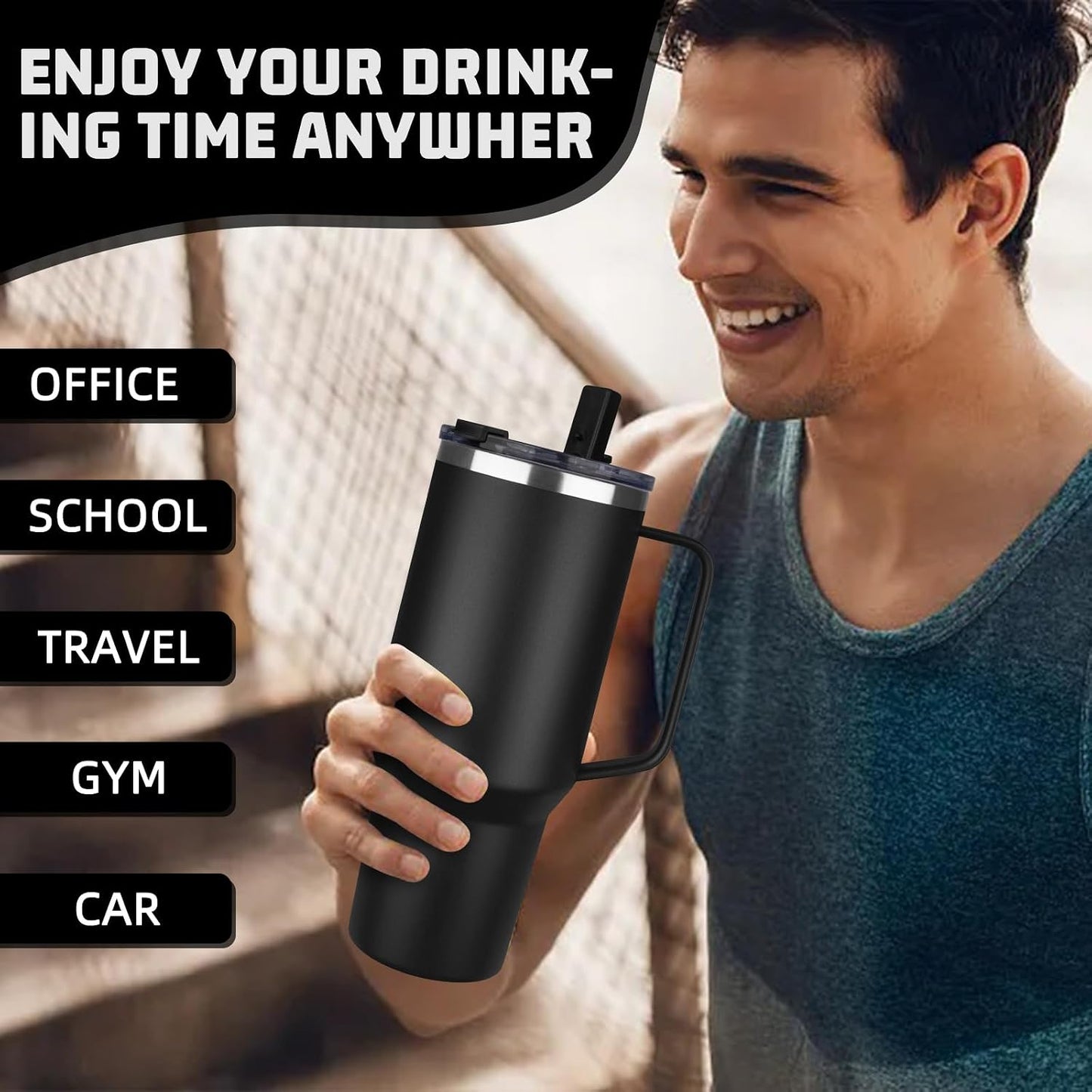 20 oz Tumbler with Handle, Stainless Steel Insulated Tumbler with Lid and Straw, Double Wall Vacuum Coffee Mug Tumbler, Insulated Coffee Thermal Cup for Cold and Hot (Black)