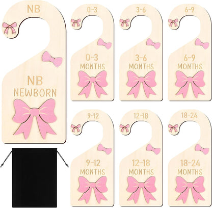 7pcs Coquette Pink Bow Baby Closet Organizer 3D Pink Bow Baby Wood Closet Dividers Double-Sided Infant Wardrobe Hanger Organizer Infant Clothes Size Dividers Hanger Organization Nursery Decor