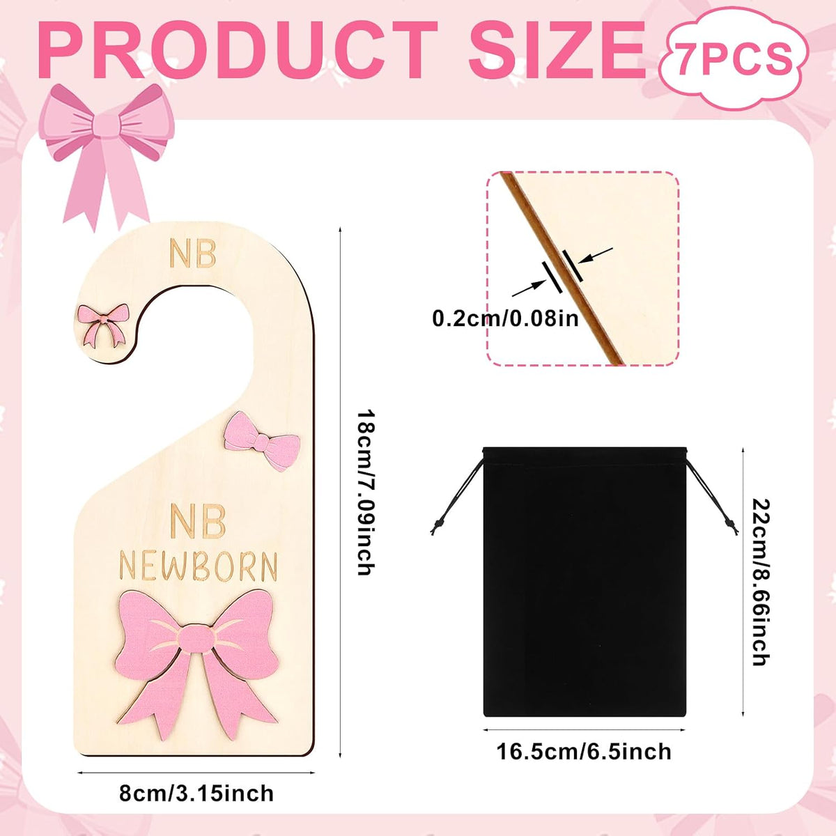 7pcs Coquette Pink Bow Baby Closet Organizer 3D Pink Bow Baby Wood Closet Dividers Double-Sided Infant Wardrobe Hanger Organizer Infant Clothes Size Dividers Hanger Organization Nursery Decor