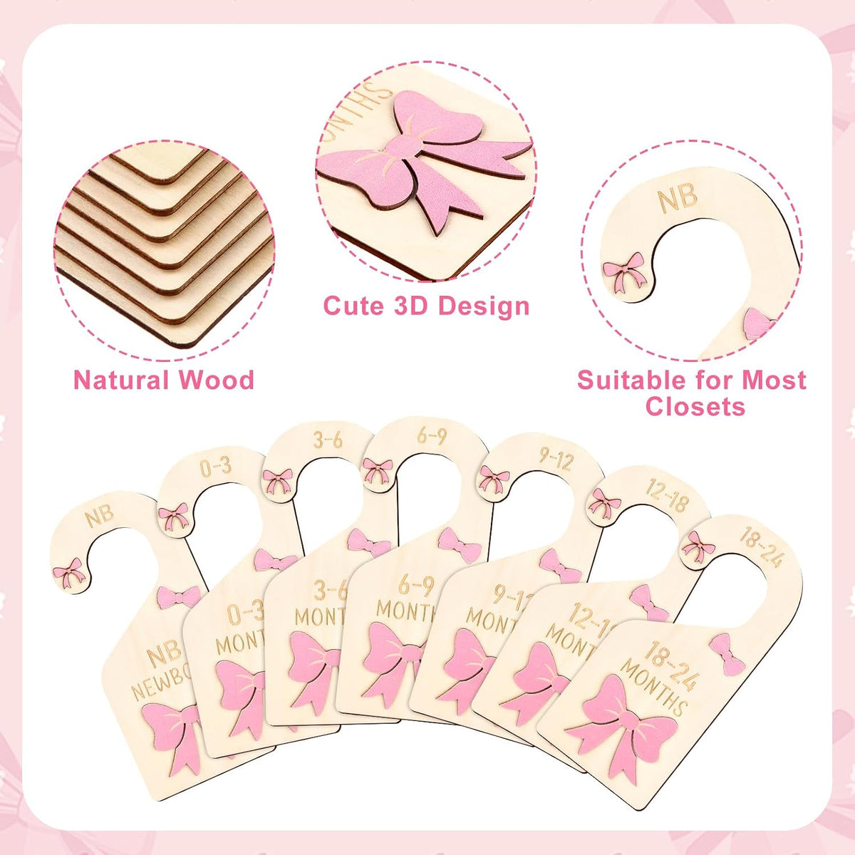 7pcs Coquette Pink Bow Baby Closet Organizer 3D Pink Bow Baby Wood Closet Dividers Double-Sided Infant Wardrobe Hanger Organizer Infant Clothes Size Dividers Hanger Organization Nursery Decor