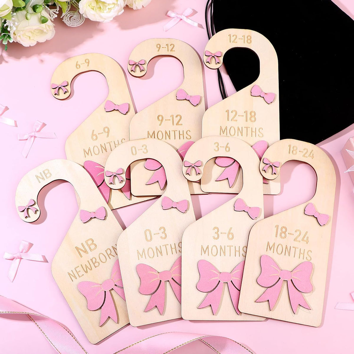 7pcs Coquette Pink Bow Baby Closet Organizer 3D Pink Bow Baby Wood Closet Dividers Double-Sided Infant Wardrobe Hanger Organizer Infant Clothes Size Dividers Hanger Organization Nursery Decor