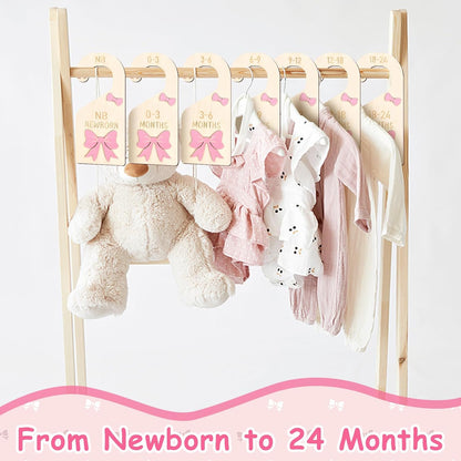 7pcs Coquette Pink Bow Baby Closet Organizer 3D Pink Bow Baby Wood Closet Dividers Double-Sided Infant Wardrobe Hanger Organizer Infant Clothes Size Dividers Hanger Organization Nursery Decor