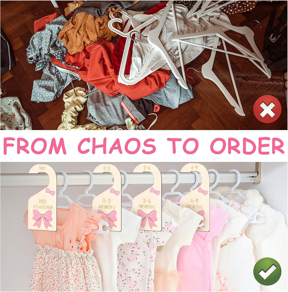 7pcs Coquette Pink Bow Baby Closet Organizer 3D Pink Bow Baby Wood Closet Dividers Double-Sided Infant Wardrobe Hanger Organizer Infant Clothes Size Dividers Hanger Organization Nursery Decor