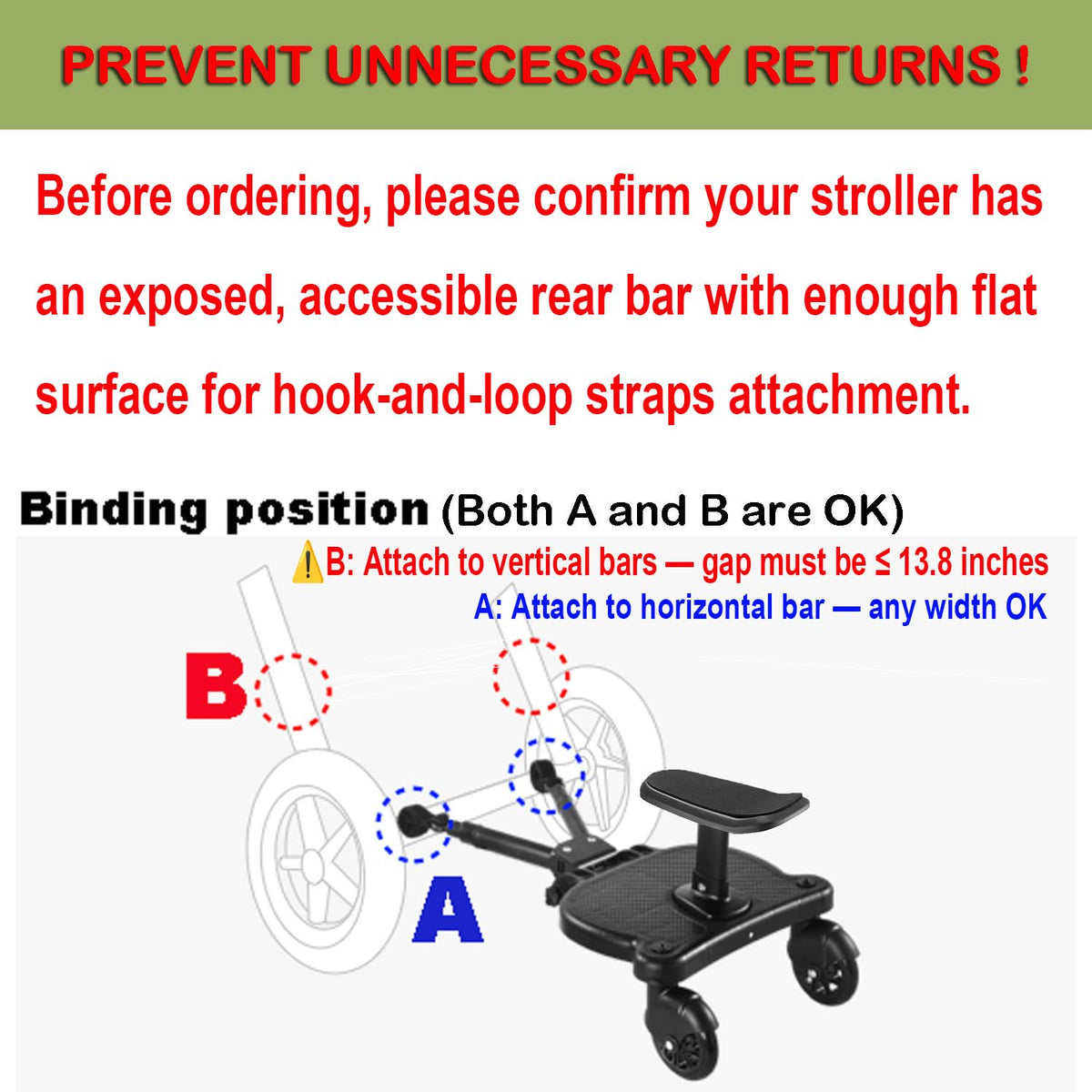 Universal Stroller Board with Detachable Seat, Buggy Board Compatible with Most (Not All) Strollers, Please Check Compatibility Before Purchase, Supports Up to 55 lbs (Black)