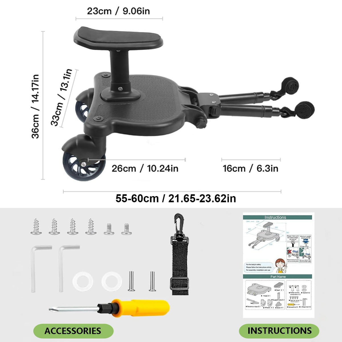 Universal Stroller Board with Detachable Seat, Buggy Board Compatible with Most (Not All) Strollers, Please Check Compatibility Before Purchase, Supports Up to 55 lbs (Black)