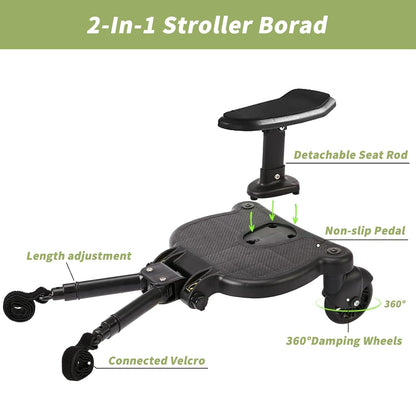 Universal Stroller Board with Detachable Seat, Buggy Board Compatible with Most (Not All) Strollers, Please Check Compatibility Before Purchase, Supports Up to 55 lbs (Black)