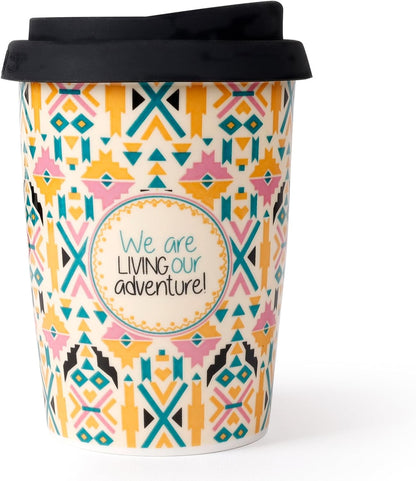 Reusable Ceramic Travel Coffee Cup – 8oz Double-wall New Bone China Coffee Mug with silicon lid (Adventure)