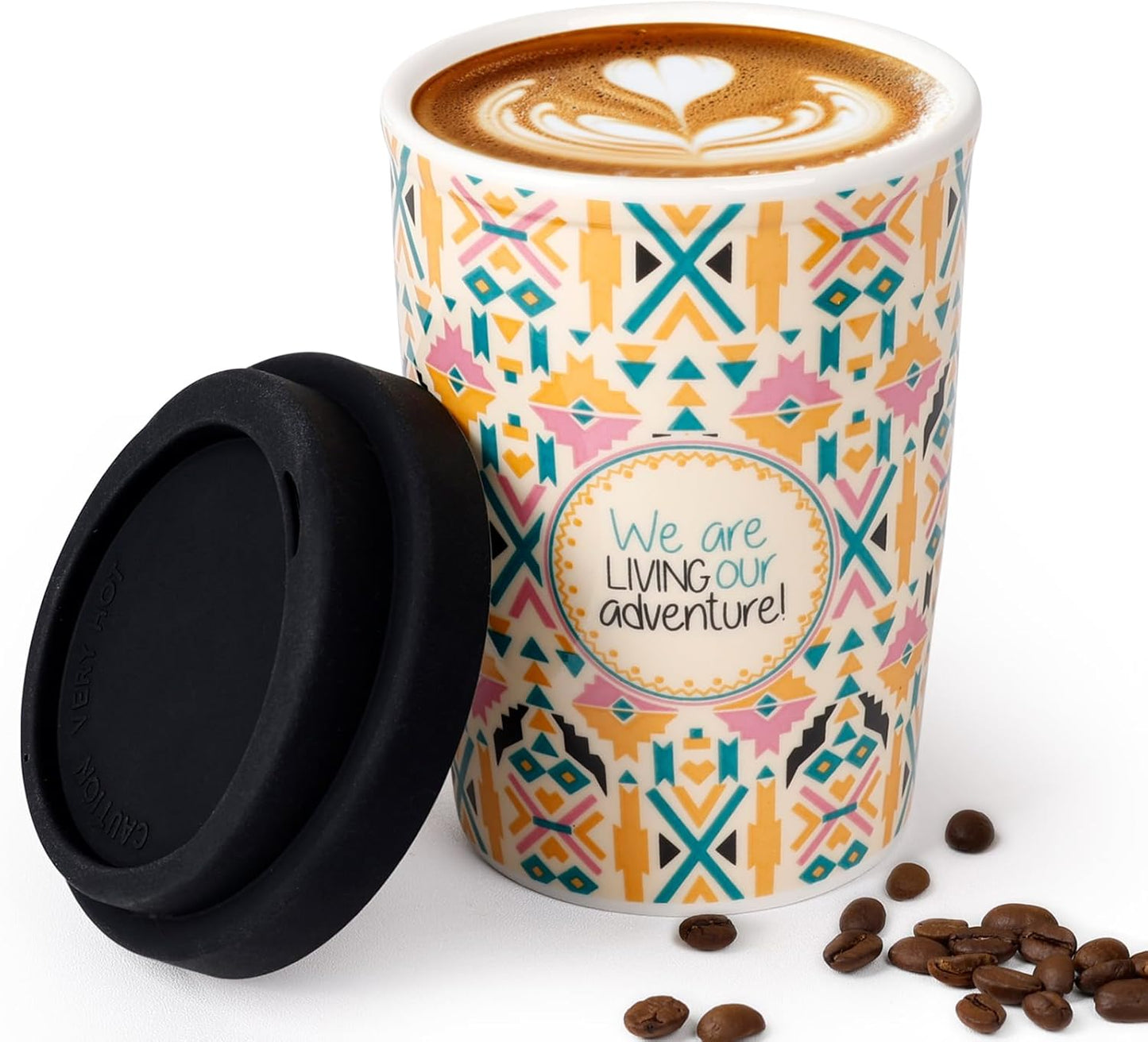 Reusable Ceramic Travel Coffee Cup – 8oz Double-wall New Bone China Coffee Mug with silicon lid (Adventure)
