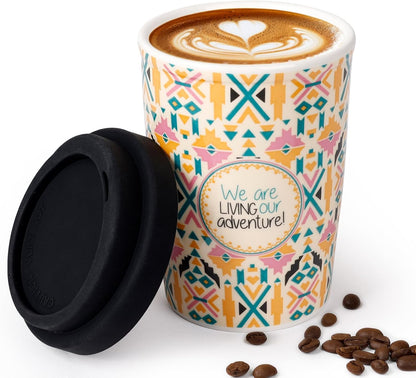 Reusable Ceramic Travel Coffee Cup – 8oz Double-wall New Bone China Coffee Mug with silicon lid (Adventure)