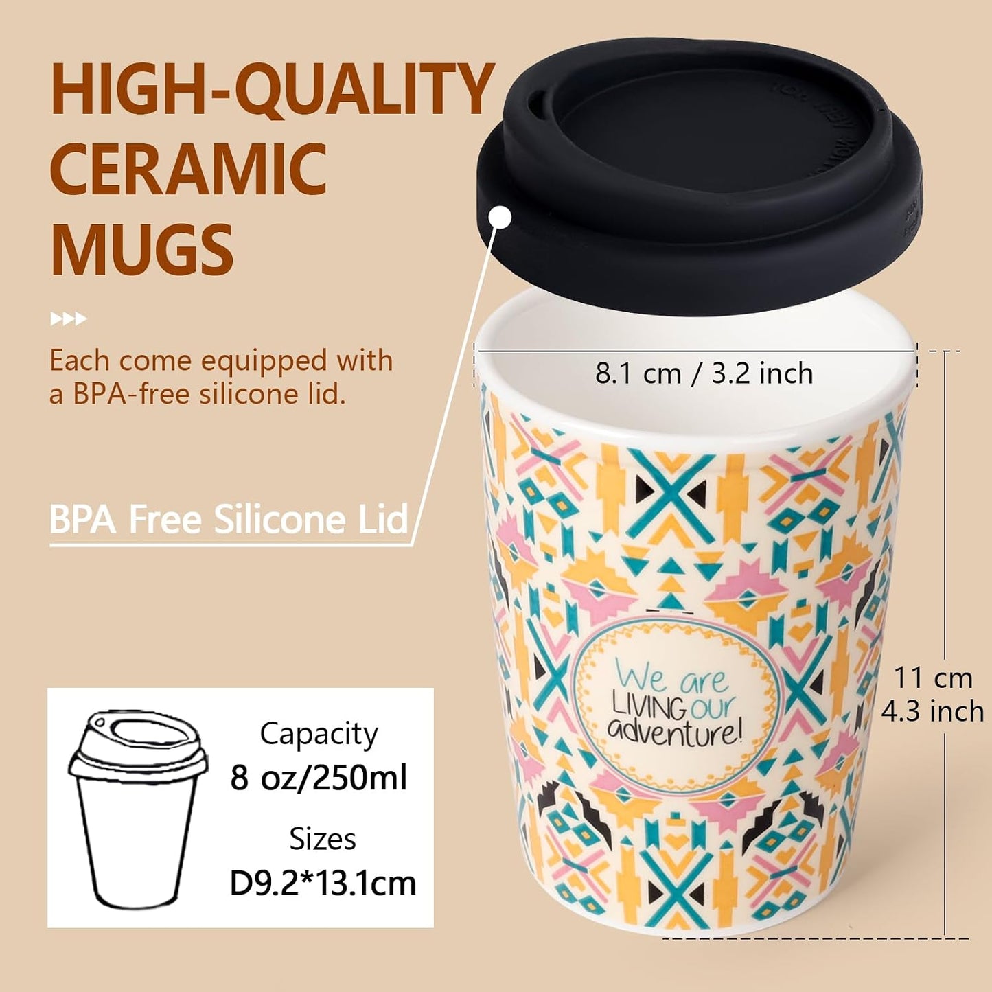 Reusable Ceramic Travel Coffee Cup – 8oz Double-wall New Bone China Coffee Mug with silicon lid (Adventure)