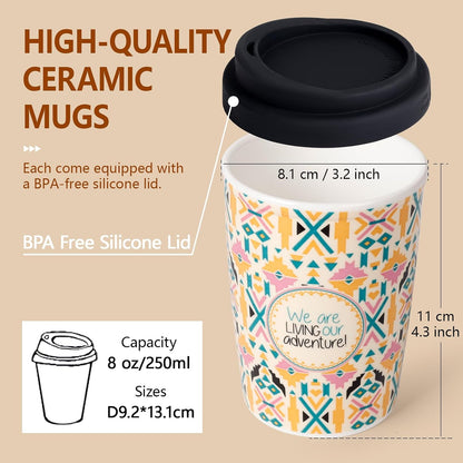 Reusable Ceramic Travel Coffee Cup – 8oz Double-wall New Bone China Coffee Mug with silicon lid (Adventure)