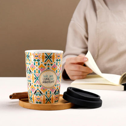 Reusable Ceramic Travel Coffee Cup – 8oz Double-wall New Bone China Coffee Mug with silicon lid (Adventure)