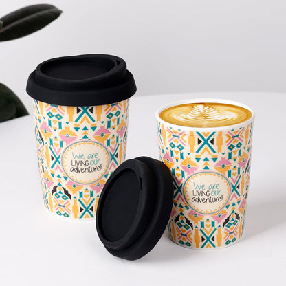 Reusable Ceramic Travel Coffee Cup – 8oz Double-wall New Bone China Coffee Mug with silicon lid (Adventure)