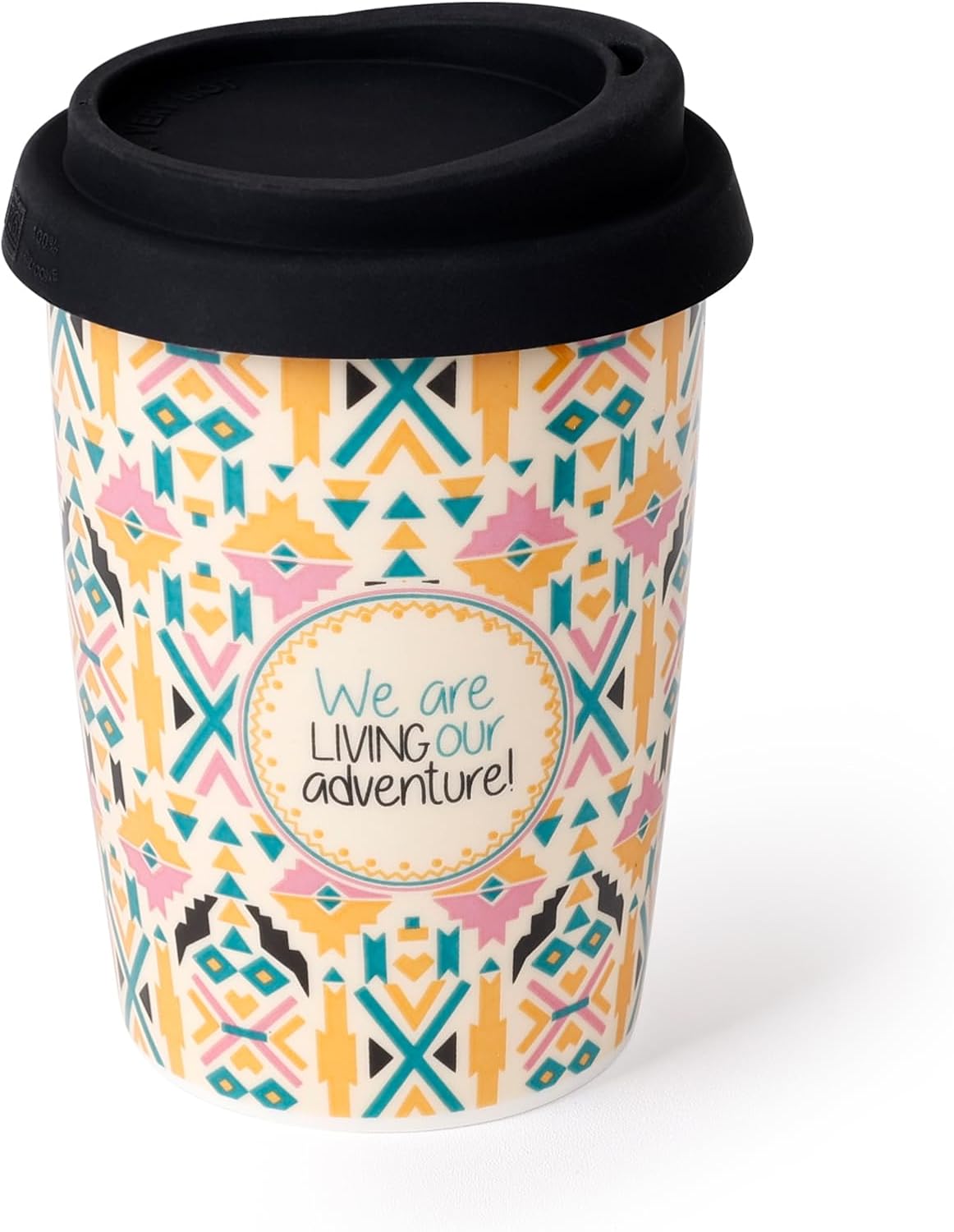 Reusable Ceramic Travel Coffee Cup – 8oz Double-wall New Bone China Coffee Mug with silicon lid (Adventure)
