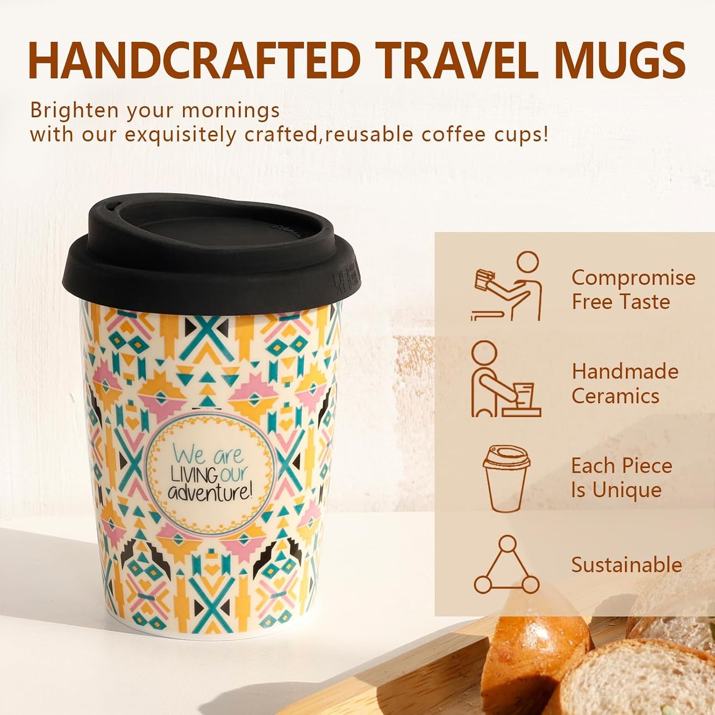 Reusable Ceramic Travel Coffee Cup – 8oz Double-wall New Bone China Coffee Mug with silicon lid (Adventure)