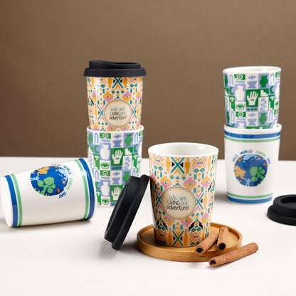 Reusable Ceramic Travel Coffee Cup – 8oz Double-wall New Bone China Coffee Mug with silicon lid (Adventure)