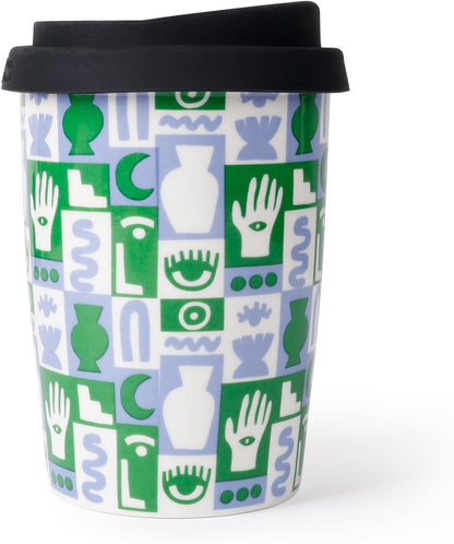 Reusable Ceramic Travel Coffee Cup – 8oz Double-wall New Bone China Coffee Mug with silicon lid (Adventure)