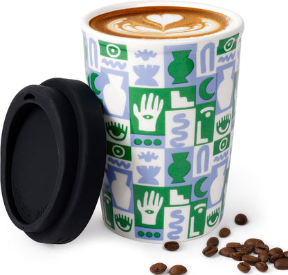 Reusable Ceramic Travel Coffee Cup – 8oz Double-wall New Bone China Coffee Mug with silicon lid (Adventure)