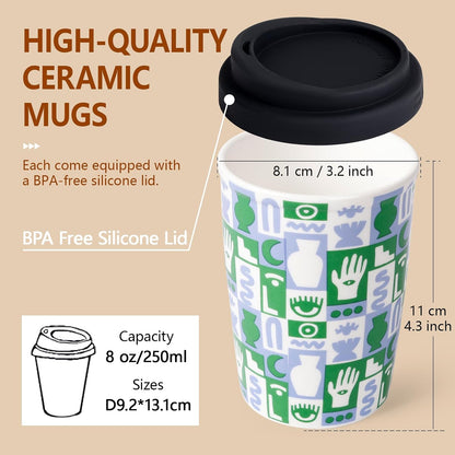 Reusable Ceramic Travel Coffee Cup – 8oz Double-wall New Bone China Coffee Mug with silicon lid (Adventure)
