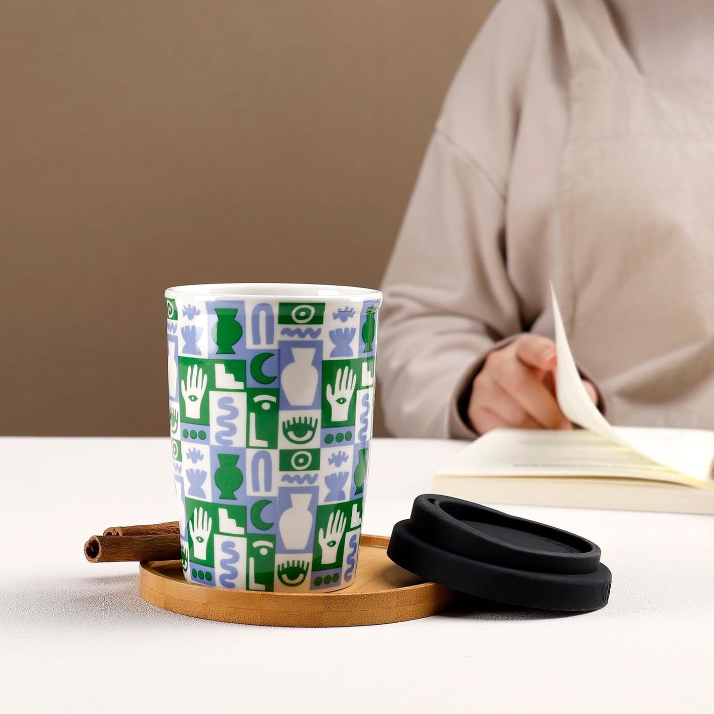 Reusable Ceramic Travel Coffee Cup – 8oz Double-wall New Bone China Coffee Mug with silicon lid (Adventure)