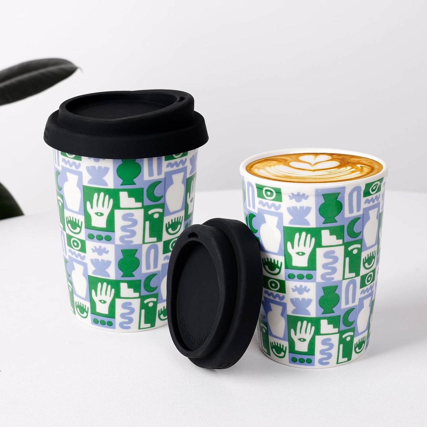 Reusable Ceramic Travel Coffee Cup – 8oz Double-wall New Bone China Coffee Mug with silicon lid (Adventure)