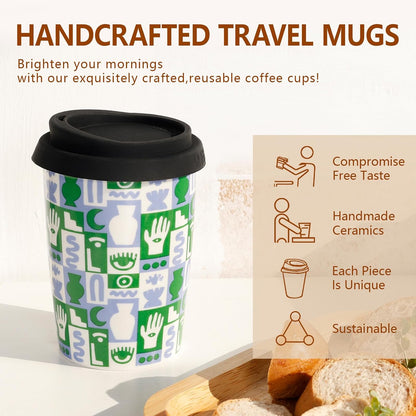 Reusable Ceramic Travel Coffee Cup – 8oz Double-wall New Bone China Coffee Mug with silicon lid (Adventure)