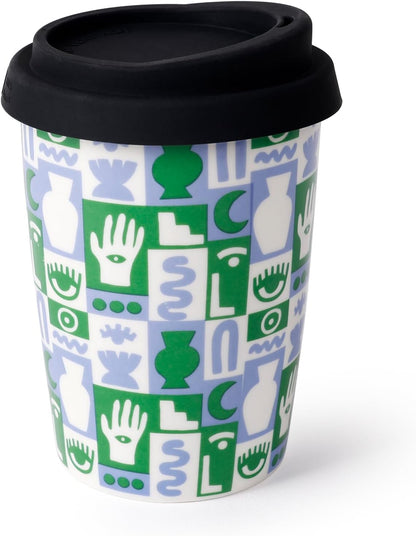 Reusable Ceramic Travel Coffee Cup – 8oz Double-wall New Bone China Coffee Mug with silicon lid (Adventure)