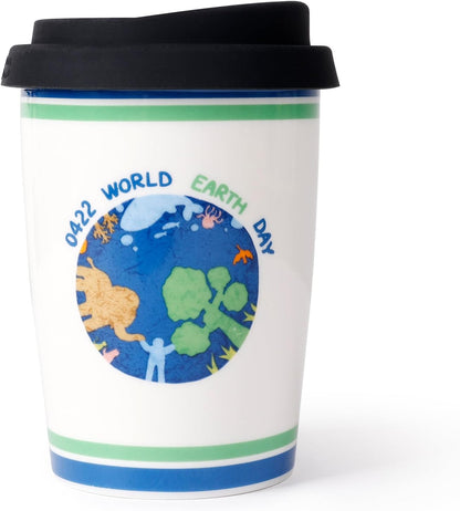 Reusable Ceramic Travel Coffee Cup – 8oz Double-wall New Bone China Coffee Mug with silicon lid (Adventure)