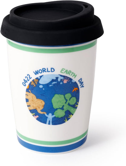 Reusable Ceramic Travel Coffee Cup – 8oz Double-wall New Bone China Coffee Mug with silicon lid (Adventure)