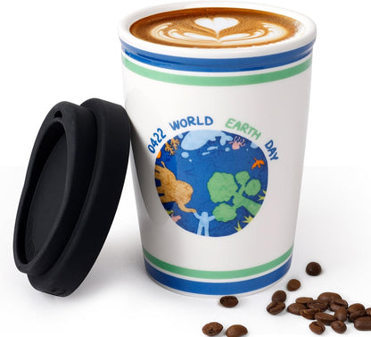 Reusable Ceramic Travel Coffee Cup – 8oz Double-wall New Bone China Coffee Mug with silicon lid (Adventure)